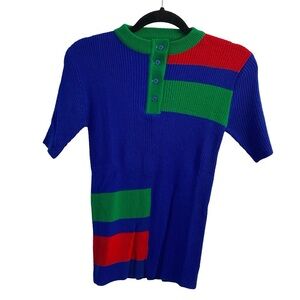Esstee Rivo ColorBlock Knitted Ribbed Short Sleeve 70s Vintage Sweater Top Small